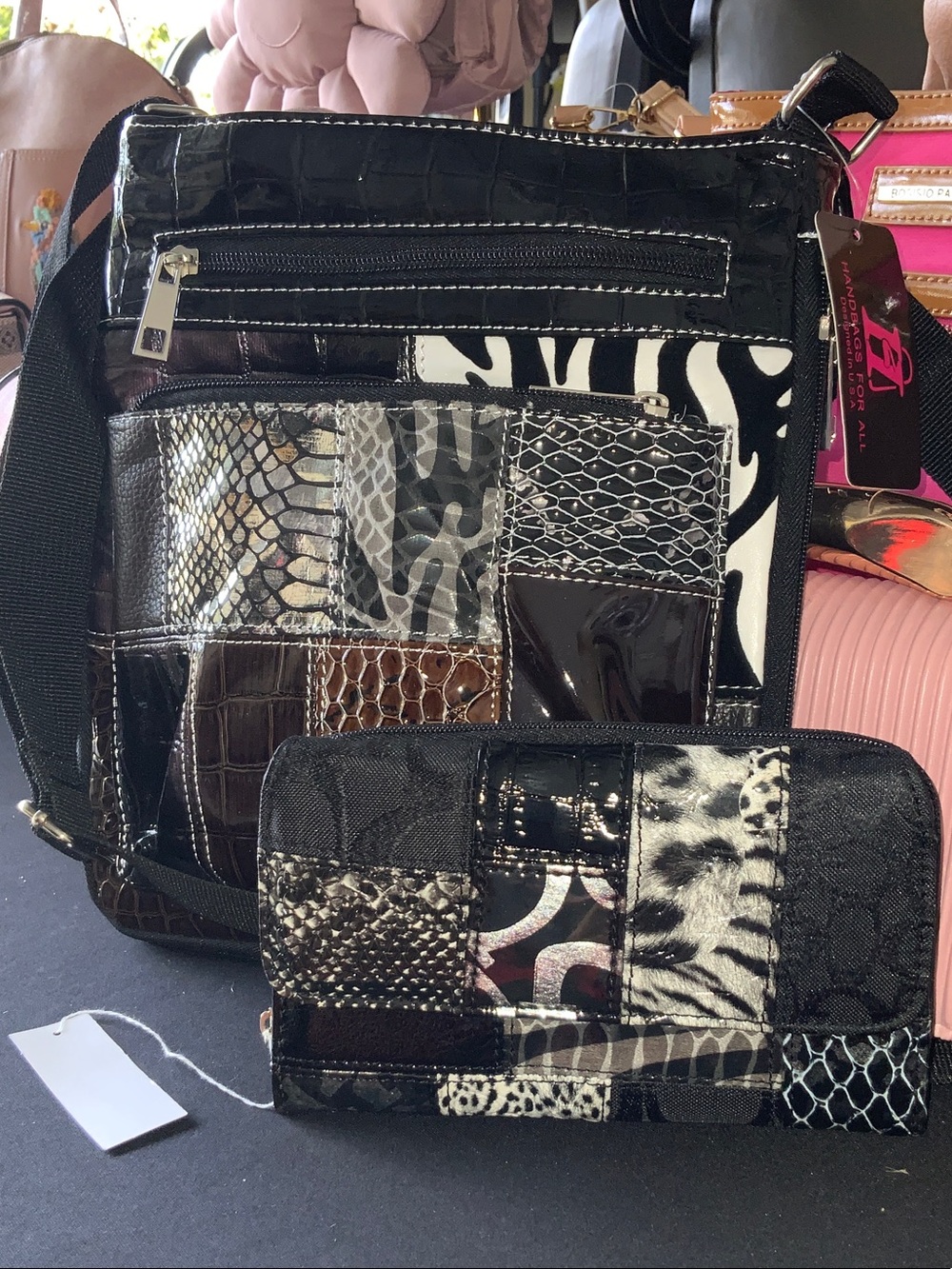 Black Patchwork Faux-Leather Crossbody Bag with Matching Wallet